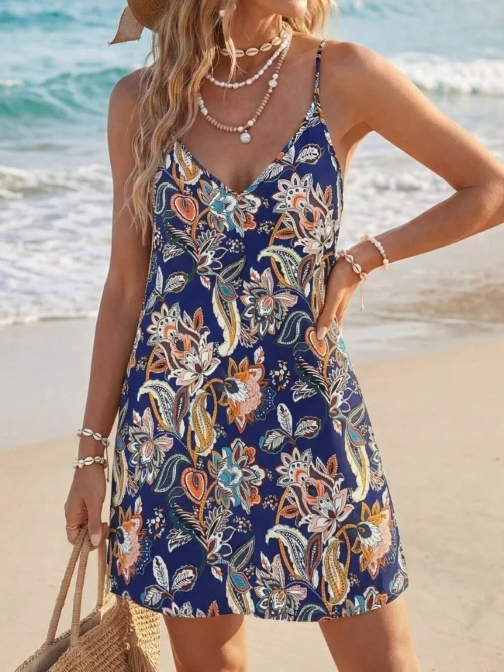 Blue Boho Bohemian Women's Printed V-Neck Backless Dress